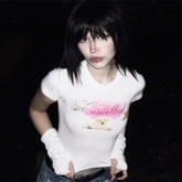 Bxoxo Y2K Gothic vintage Chic Aesthetic Emo Girls Grunge White Croped Tops Punk Harajuku Sexy Slim Geometric Print Baby Short Sleeve